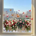 Detailansicht bunter Rosen- und Schmetterlings-Fensteraufkleber auf Glasoberfläche - Rose (KSJ-153A) / 40x60cm