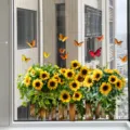 Detail von dekorativen Sonnenblumen- und Schmetterlings-Fensteraufklebern auf Glas - Sonnenblume (KSJ-153B) / 40x60cm