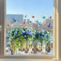 Statische Fensteraufkleber mit blauen Rosen, Schmetterlingen und Zaun fuer Glasdeko - Blaue Rose (KSJ-153D) / 40x60cm