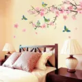 Self-adhesive wall sticker featuring pink peach blossoms and blue birds for bedroom - 60x90cm (AY9189) / Pink