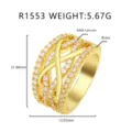 Luxuriöser vergoldeter breiter Messingring mit AAA-Zirkonia und Kreuzdesign-Details - US Größe 6 / Geometrischer X-Form Stil (R1553) / Gold