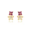 Close-up detail of gold hollow flower stud earrings with pink and clear zircon crystals - 18k金玫红款