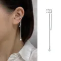 Κομψό ασημένιο μακρύ σκουλαρίκι ear cuff με αλυσίδα και πέρλα για αυτιά χωρίς τρύπα - Στυλ Clip-On με Μαργαριτάρι και Φούντα / 1 Τεμάχιο