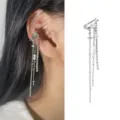 Κομψό ασημένιο μακρύ σκουλαρίκι ear cuff με πέρλες και αλυσίδα αστέρι, χωρίς τρύπα. - Αλυσίδα Κλιπ Αυτιού με Αστέρι Τεσσάρων Ακτίνων και Στρας / 1 Τεμάχιο