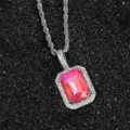 Detailed macro view of a fluorescent pink square zircon pendant necklace with pave setting - Pinkish Red (N00326SRR)