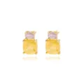 Elegante vergoldete Ohrstecker mit funkelnden rosa und gelben Kristallen im Kissenschliff - Doppelter Zirkonia-Anhänger-Stil (E2497) / Gold (Rosa-Violett + Hellgelb)