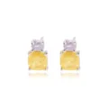 Elegante silberne Ohrstecker mit gelben Kissen- und lila runden Zirkonia-Steinen - Doppelstein Vertikaler Stil (E2497) / Platinton (Violette + Gelbe Steine)