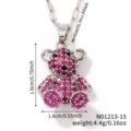 Detailed view of the pink zircon micro-pave teddy bear pendant necklace, sparkling rhinestones. - N01213-15