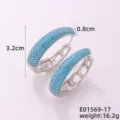 Vista detallada de pendientes de aro ovalados plateados con piedras azules, 3,2 cm - Geometric Ellipse Style (E01569-17) / Silver Tone with Turquoise Zirconia