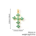 Macro view of gold plated green zircon cross pendant showing precise dimensions and weight - Green Zirconia Style (P5219-13)