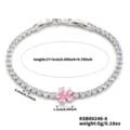 Elegante bracciale argentato con fiore di zircone rosa e pietre di zirconia AAA trasparenti - Stile Zirconia Rosa (KSB00246-6) / 17+2cm / Rosa