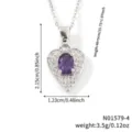 Vista dettagliata della collana ametista a cuore con misure in cm e pollici - Viola Tono Argento (N01579-4)