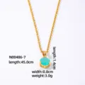 Gold-plated round turquoise pendant necklace detail view showing precise dimensions and fine chain. - Turquoise Round (N00486-7) / Gold