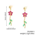 Detail view showing dimensions and weight of pink flower zircon drop earrings. - Pink Purple Floral Green Leaf Style (E01908-3) / Gold