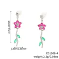 Macro detail of floral leaf zircon earrings showing size and weight measurements - Rose Red Floral Green Leaf Style (E01908-4) / Silver