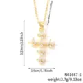 Gold zircon cross necklace featuring four-leaf clover details with size measurements - Gold White Zirconia Style (N01667-5)