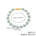 Bracciale in rame placcato oro con fiori di zircone blu e dimensioni dettagliate - Oro con Zirconia Celeste (B00771-3)