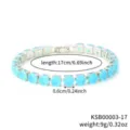 Blue crystal rhinestone tennis bracelet detail view, shiny silver plated setting. - White K Aquamarine Stone