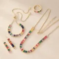 Four-piece gold jewelry set with colorful square zircons including necklace and ring - Multicolor Stone Gold Set (ZT0004-3)