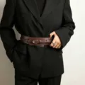 French retro wide leather belt for women, stylish double ring design, perfect for blazers and coats. - Coffee