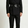 Women wide leather belt waist cincher double loop design stylish suit accessory detail - Black