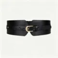 Detailed view of a vintage wide black PU belt featuring an elegant gold horseshoe buckle - Black