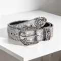 Vintage glitter belt with floral engraved buckle and star eyelets, Y2K style jeans accessory - Silver