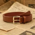 Close-up of brown litchi grain PU leather belt with gold square buckle on vintage paper. - 93cm*2.4cm / Brown