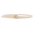 White leather belt detail, gold vintage buckle, minimalist style for jeans and dresses. - White