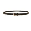 Black thin leather belt detail, golden round buckle closeup, minimalist waist accessory view. - Black