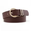 Detailed view of dark brown PU leather women belt featuring polished gold-tone round buckle. - Coffee