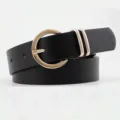 Women fashion PU leather belt casual black waist belt with stylish gold round pin buckle - Black