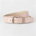 Detailed view of a chic pink PU leather belt featuring a shiny gold round pin buckle and double loops. - Pink