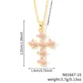 Collier croix en or avec zircons roses affichant dimensions et poids détaillés - Style Croix Trèfle Incrusté de Zirconia Rose (N01667-15)