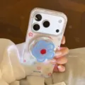 Detail of glitter iPhone case featuring a blue flower magnetic phone grip stand. - Magnetic Stand / White Magnetic Glitter Five-Petal Flower and Blue Grid / 17promax