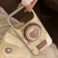 Detailed view of milk yellow gilded phone case with an integrated magnetic teddy bear stand - iPhone 17 Pro Max / Silver Gilded Teddy Bear (With Quick-sand Mirror Stand) / Gilded Cream Yellow