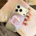 Close-up of glitter phone case with deer-themed butterfly magnetic stand - Compatible with 17promax / Magnetic White Quicksand Forest Deer + Pink Butterfly Deer Magnetic Stand