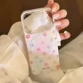 Close-up of glittery floral phone case with magnetic ring and small flower patterns - Magnetic Stand / White Magnetic Five-Petal Flower / 17promax