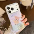 Detail view of glitter iPhone case featuring a cute green field fawn cartoon illustration - Compatible with 17promax / Magnetic White Quicksand Forest Deer