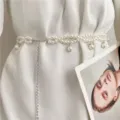 Elegant pearl waist chain with silver adjusters, bohemian style body chain for dresses - Woven Bohemian Style (White)