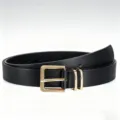 Classic black leather belt with gold square buckle and double loops for women detail view. - 110cm / Black