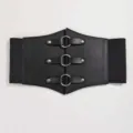 Close-up of black retro corset belt with three-row metal rings and elastic bands. - S / Black