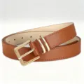 Minimalist retro brown leather belt with gold square pin buckle for women jeans outfit wear - 110cm / Brown
