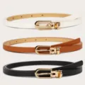 Detailed view of thin women belts set, featuring gold metal buckles and classic colors. - 3 Pieces/Pack / Three Colors