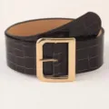 Wide crocodile pattern leather belt with large square gold metal buckle for women fashion. - Coffee Brown