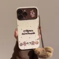Macro view of the cute bear illustration and fuzzy lanyard charm on the phone case - 米白一排小动物【光油】加毛绒熊挂件 / For 15Promax
