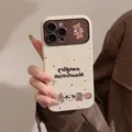 Detailed view of cream splatter iPhone case with cute bear and Petite Poupée text. - Off-White Animals [Glossy] / For 15Promax