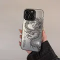Detailed view of laser-engraved Chinese dragon phone case for iPhone in silver finish - iPhone 15 Pro Max / Silver Black (Black Dragon)