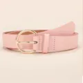 Pink minimalist women leather belt with gold round buckle casual accessory variant. - Pink
