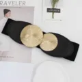 Women's wide elastic waist belt with stylish metal round buckle stretch cinch belt for dress - Black Type B